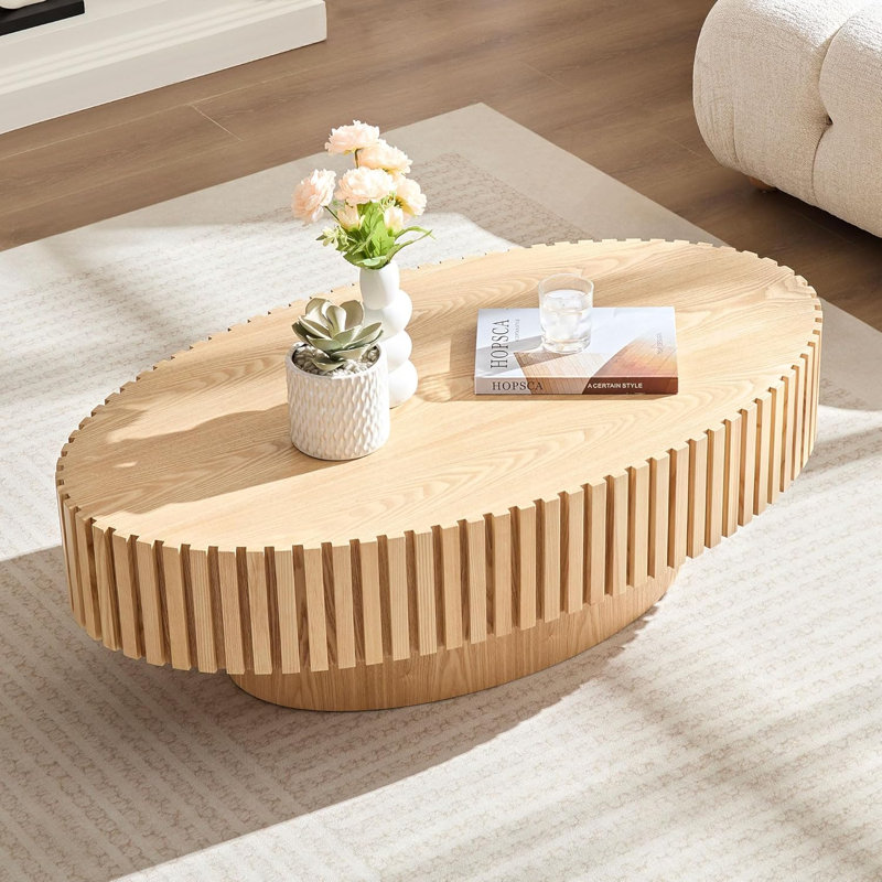 Table basse ovale en panneau de fibres à densité moyenne, Bois de frêne naturel, H 13,38 po x l 43,7 po x P 24,8 po