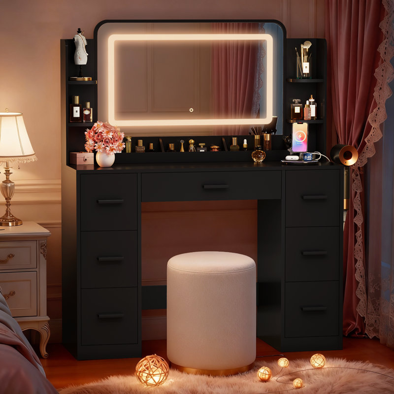 Adjustable LED Mirror Makeup Vanity Desk with 20W Fast Charging, Large Storage for Bedroom, Dressing Room, Black