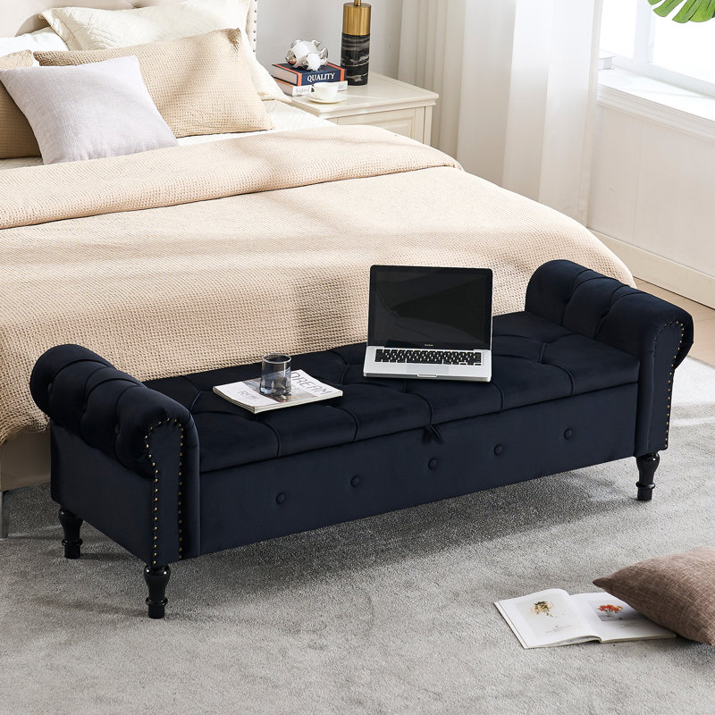 Banc de rangement en velours 66,9 po, Noir, noir, noir, noir