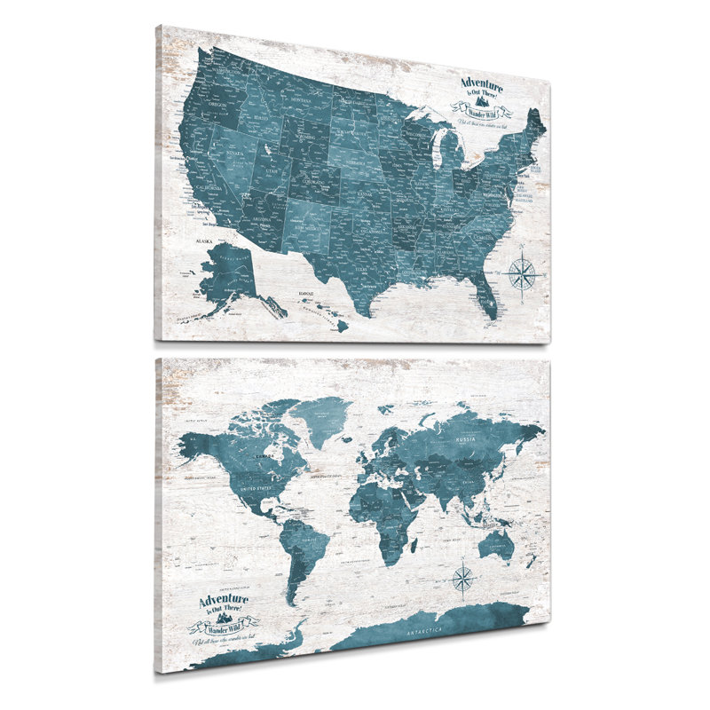 Ensemble de 2 art muraux rétro bleu sarcelle sur toile carte du monde et États-Unis, H 24 po x l 36 po