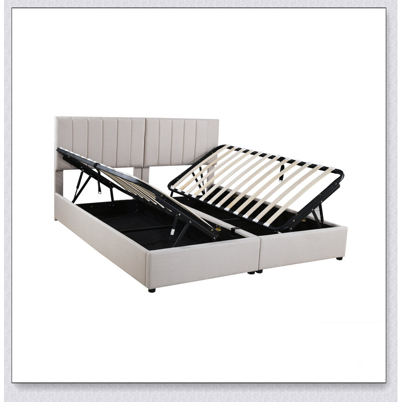 Très grand lit plateforme tapissier avec système de rangement hydraulique, Beige