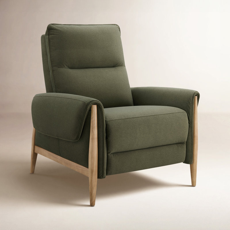 Michelle Upholstered Mannul Recliner with Solid Wood Legs and Padded Armrests, Green Polyester Blend