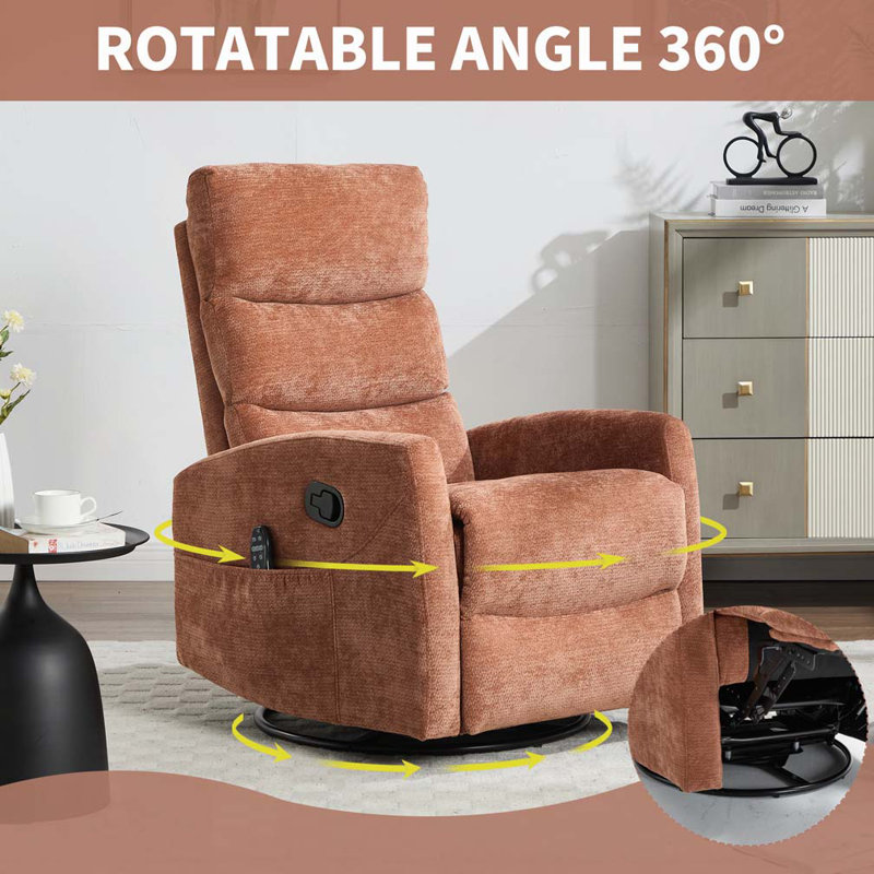 Chenille Heat Massage Manual Recliner Chair with Rocker and Swivel, Orange