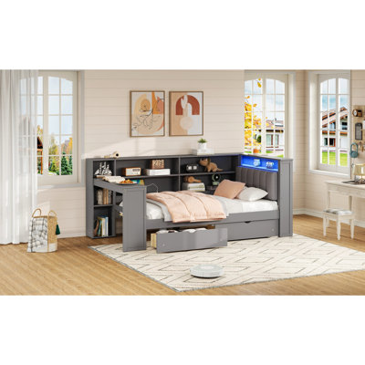 Lit plateforme simple en bois avec tête de lit tapissier, tablettes de rangement, 2 tiroirs, charge, bureau et bureau, plateforme avec abat-jour gris, ports de charge, table de chevet à 7 couleurs, tête de lit, accent de teinte