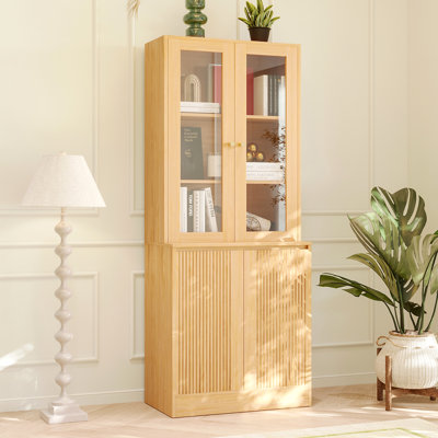 71” Wood Pantry Cabinet Storage With 2 Tempered Glass Doors & 5 Tiers Shelves