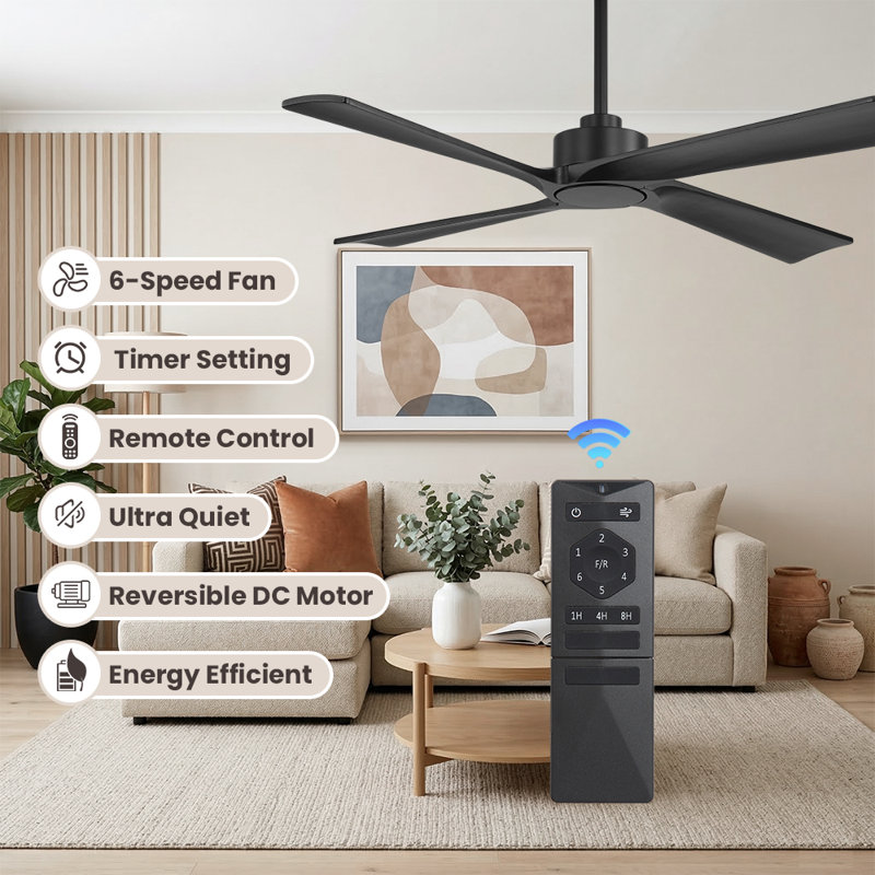 4-Solid Wood Blades Indoor Standard Ceiling Fan with Remote Down-Rod Mount, 54inch, Black, Black