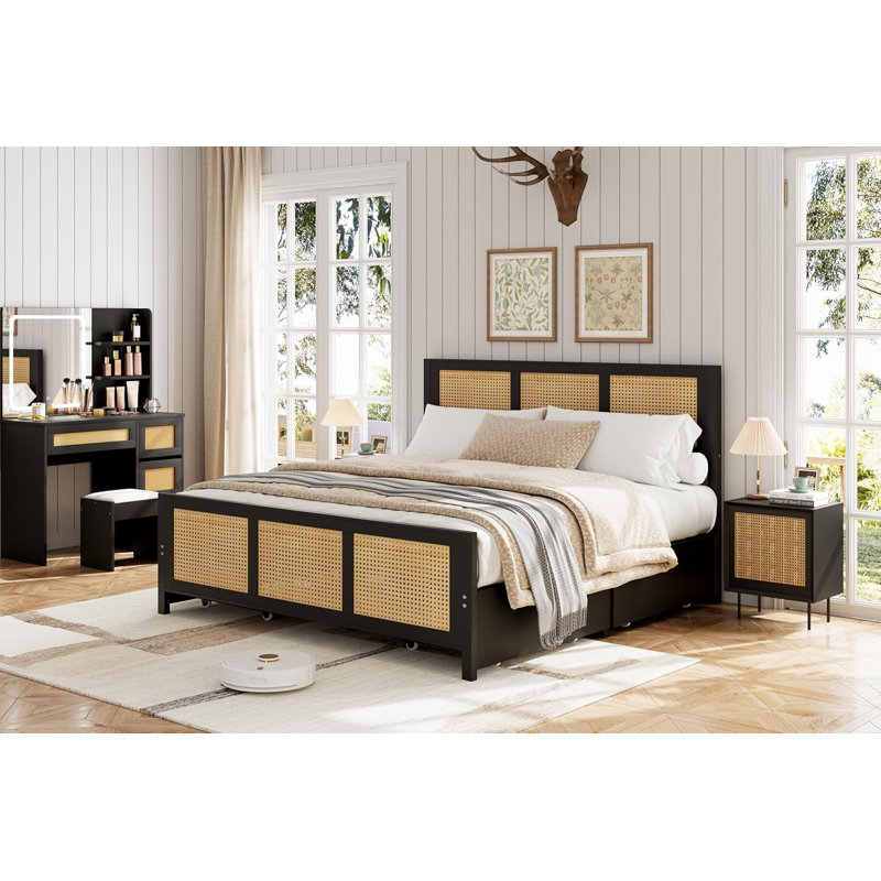 King Rattan Accent Storage Bed, Easy Assembly Space Saving, Black, King