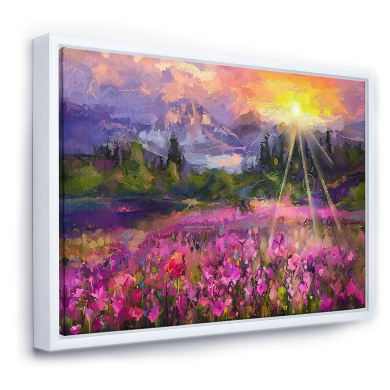 Fleurs de cosmos mauves avec soleil éclatant - reproduction d'art sur toile, Toile avec cadre blanc