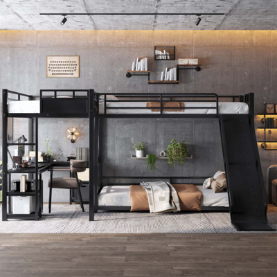 L-Shaped Metal Bunk Bed With Single Loft, Desk, Storage Shelves, USB Charging, And Slide For Space Efficiency