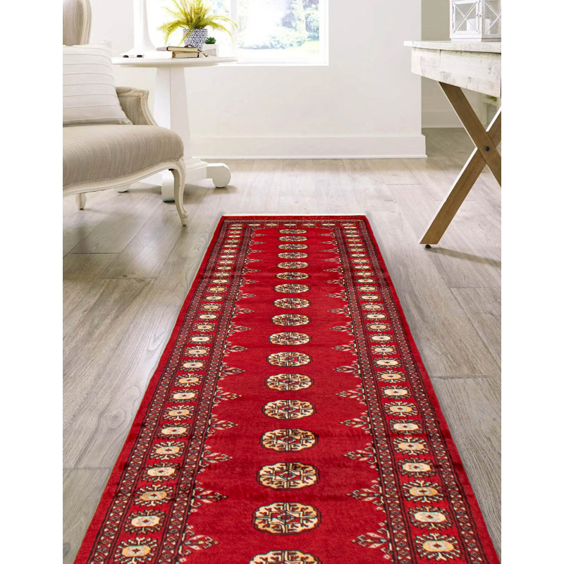 Tapis unique en laine noué à la main Bokhara rouge de 2 pi 7 po x 9 pi 9 po Peshawar