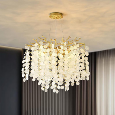 Round Crystal Chandelier, Capiz Shell Chandeliers For Dining Room, Hanging Adjustable Height Tree Branch Light Fixture For Hallway, Entryway, Stairwell, Living Room