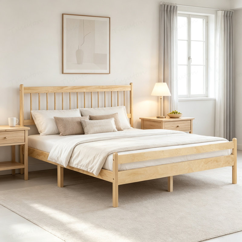 Lit de style traditionnel avec tête et pied de lit, lit en bois de pin avec cadre de lit renforcé, Naturel