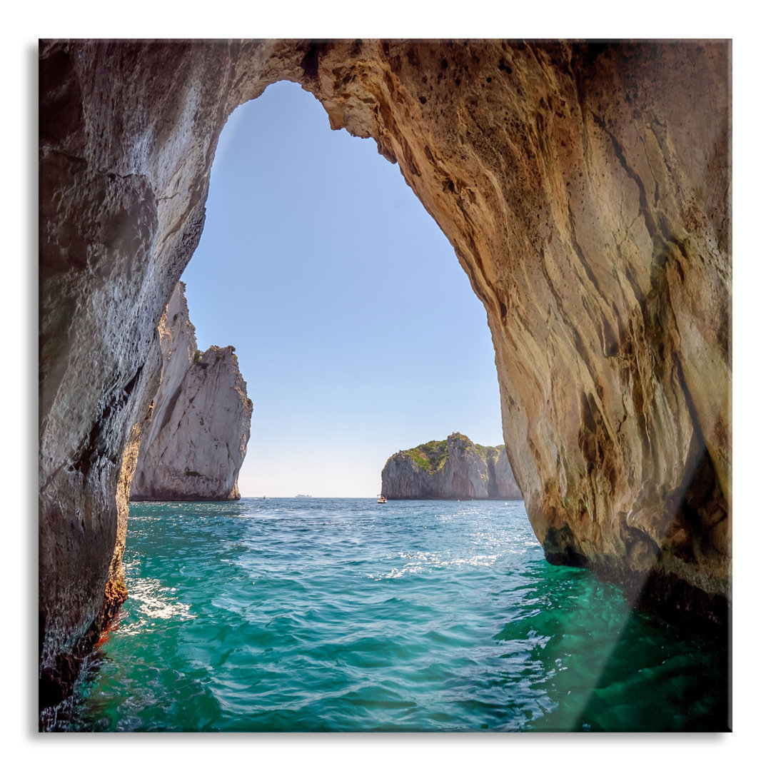 Glasbild Quadratisch  Wandbild Auf Echtglas  Felstor Im Meer  Aufhängung Und Abstandshalter LQ2754