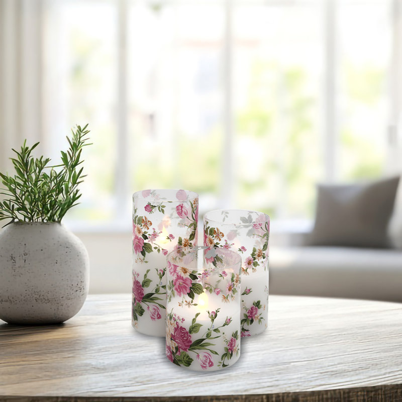 Hurricanes en verre à piles avec motif floral - 3 pièces, Floral