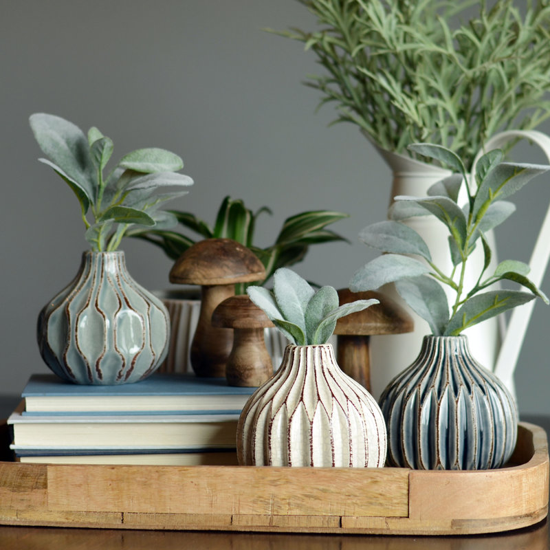 Handmade Stoneware Table Vase, White/Turquoise/Gray