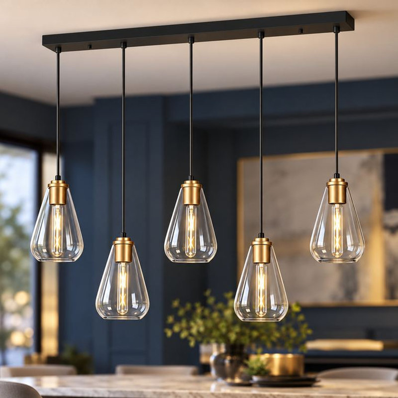 41.7" W 5-Light Dimmable Linear Kitchen Island Pendant With Teardrop Glass Shade