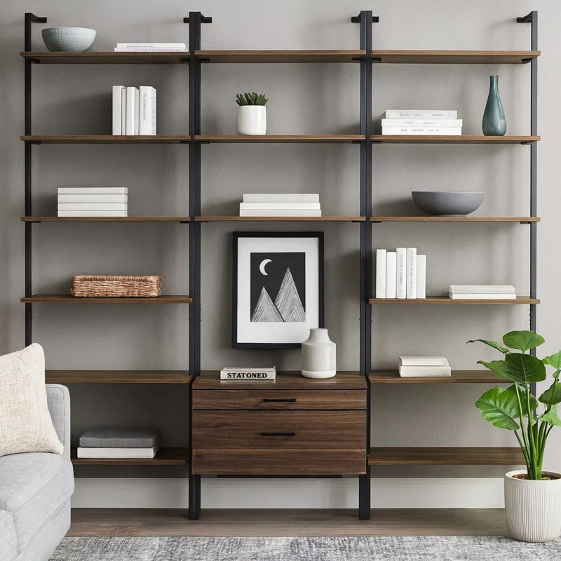 Wens 3pc Wall Mounted Bookcase Set, Shelves, 2 Drawers, Walnut Brown, 96"H x 30.75"W x 11.75"D
