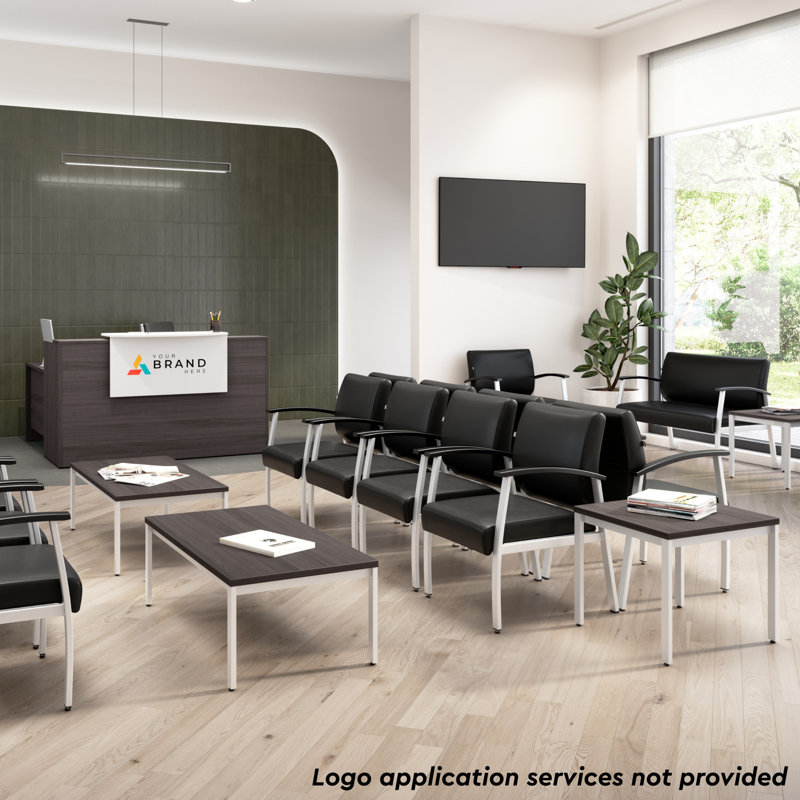 Storm Gray L-Shaped Reception Desk with Raised Shelf