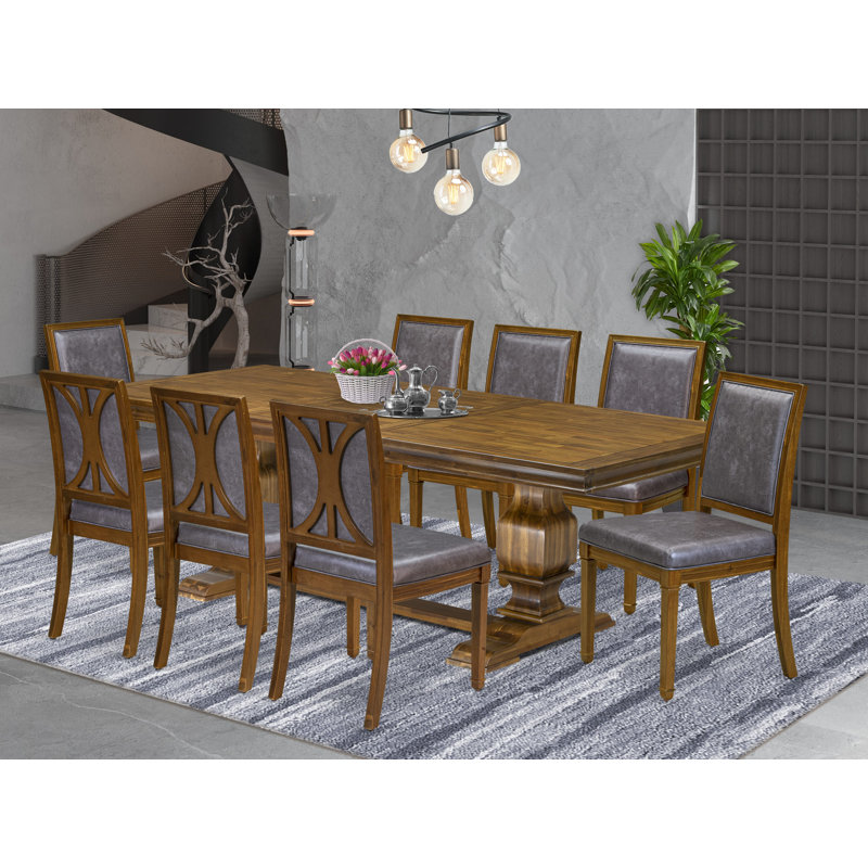 L'ensemble de table de cuisine 9 pièces comprend une table de salle à manger et 8 chaises de salle à manger en similicuir gris foncé avec dossier haut - finition noyer antique