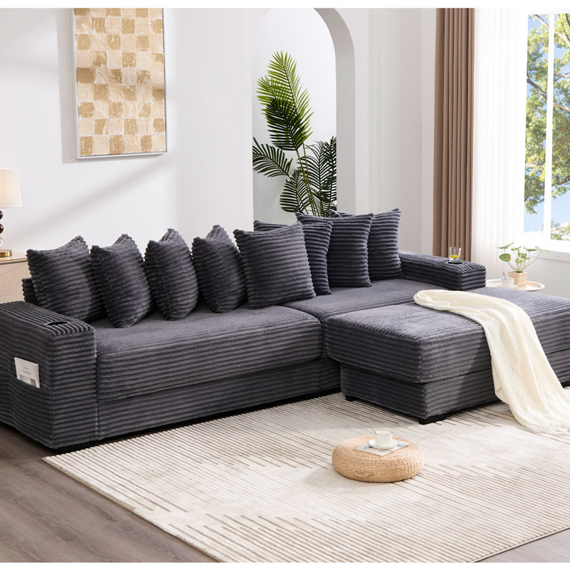 Modern L Shaped Couch, Corduroy, Movable Footstool, Double Cup Holders, Magazine Pockets, Throw Pillows Newly Introduced 107.68" Corduroy Modular Couch With Adjustable Footrest, 8 - Dark Gray