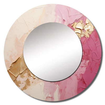 Rivian Pink Gold Minimalism Poteries I - Abstract Spirals Unique Wall Mirror, Pink Round Mirror, Printed Metal Art