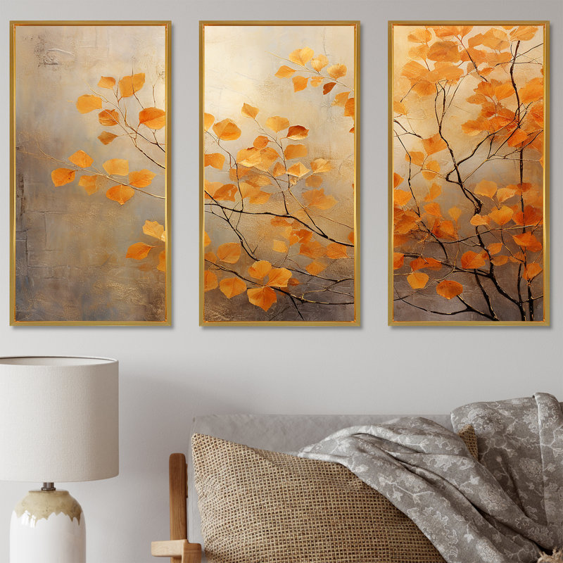 «Golden Autumn Forest Harmony», ensemble de salon art mural forêt, Cadre flottant doré, H 40 po x l 60 po x P 1 po