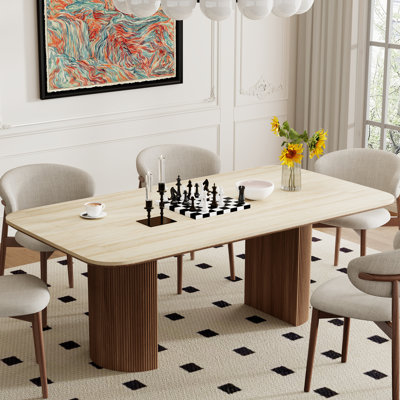 71'' Modern Rectangle Dining Table, Beige Sintered Stone and Wood Tabletop, High Quality Wood Double Fluted Pedestal