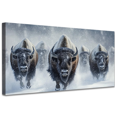 Bison Canvas Wall Art - Majestic Buffalo Pictures Wall Decor for Living Room, Snowy Scene Artwork Bison Poster for Bedroom Wall Wrapped Pine Frame