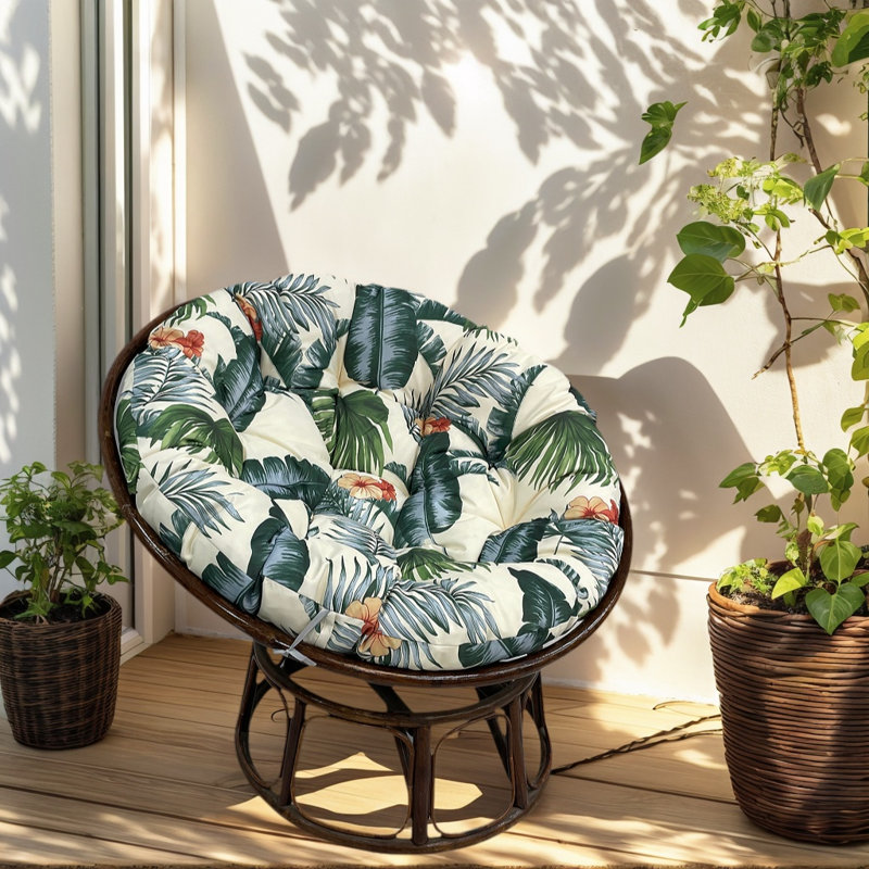 51 Inch Water Resistant Outdoor Papasan Cushion With Removable Cover For Patio Chair, White/Green Floral