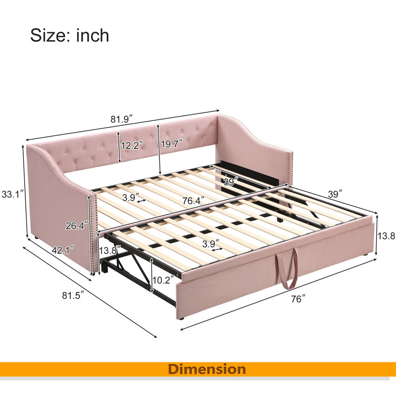 Twin Size Upholstered Daybed With Pop Up Trundle, Pink