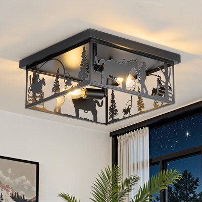Plafonnier semi-encastré rustique noir 11,2 po à 2 lumières avec abat-jour carré Cowboy Horse