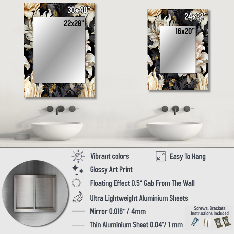 Swayde Golden Beige And Black Flowers Elegance - glam  Unique Wall Mirror, Abstract Mirror, Printed Metal Art, 40" x 30"