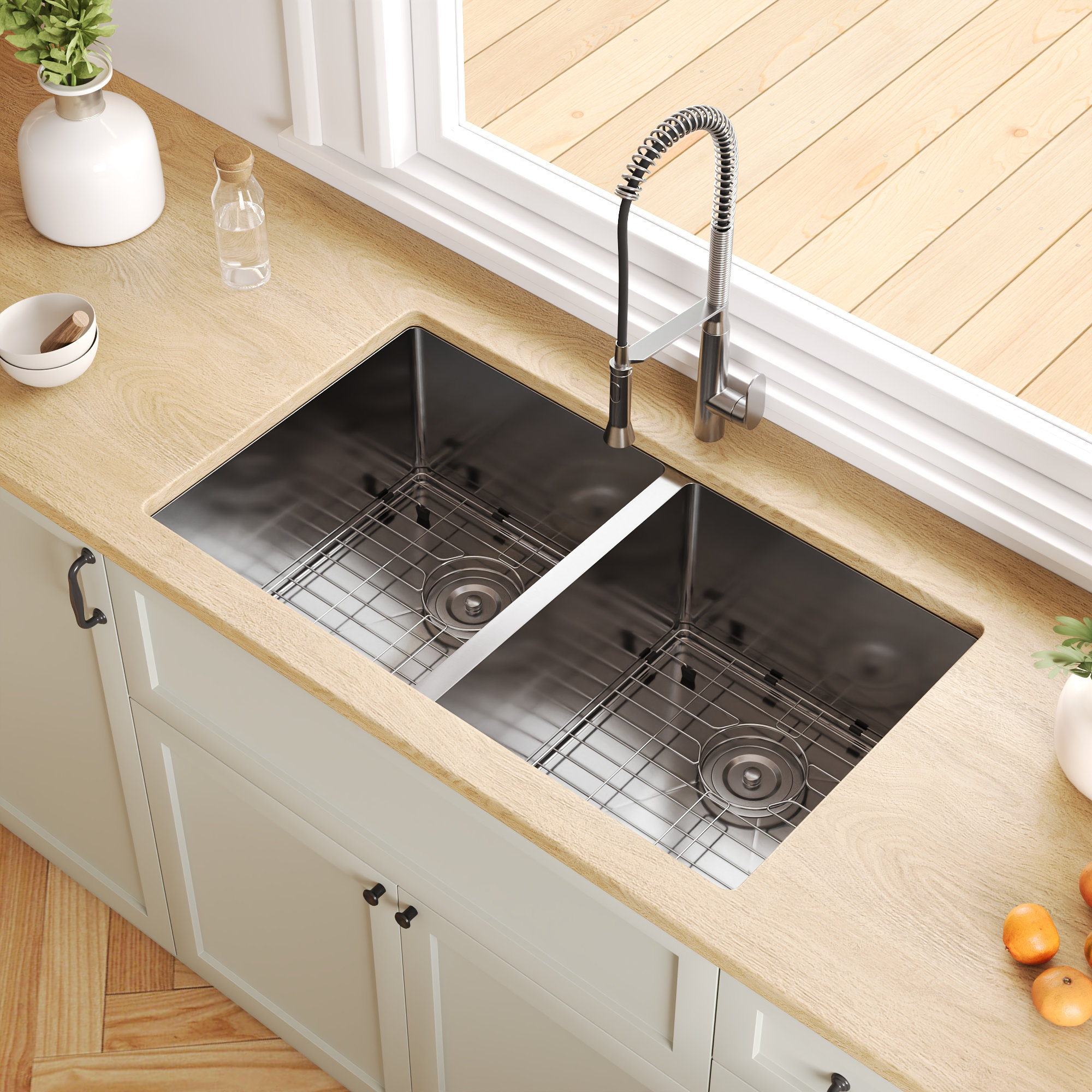 DV-1K0193 DeerValley 33'' L Undermount 50/50 Double Bowl Stainless Steel Kitchen Sink with Basket Strainers and Stainless Steel Grids
