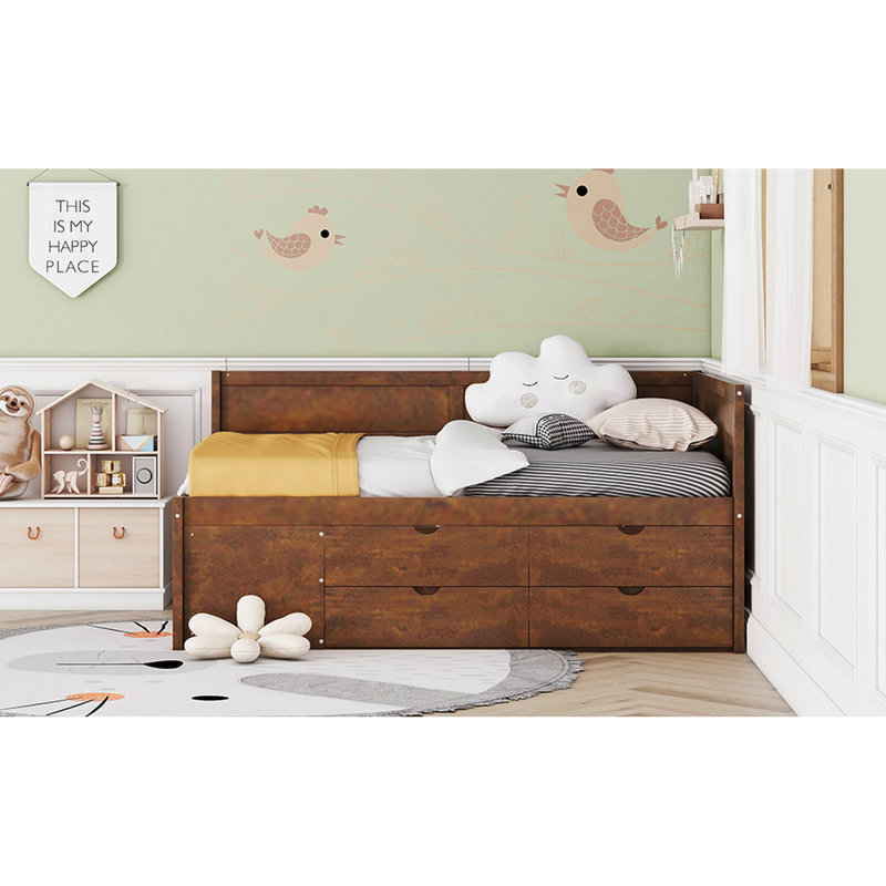 Lit de jour avec noyer pratique Space Saver - taille fonctionnelle tiroirs et tablettes en noyer, Noyer, Lit double