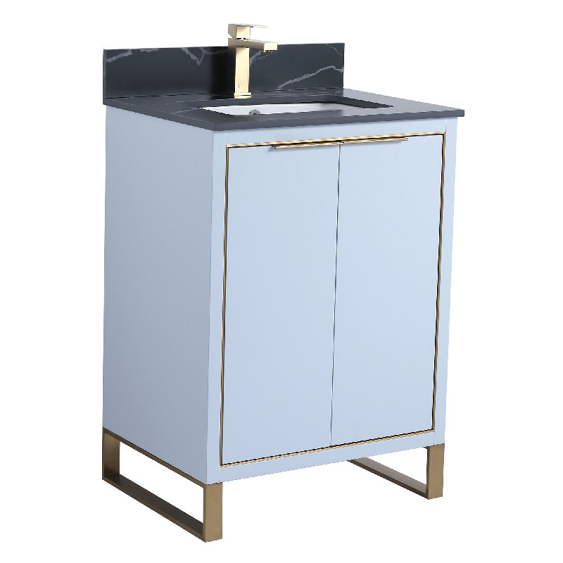 24'' Single Bathroom Vanity with Stone Top, Satin Brass, Pastel Blue