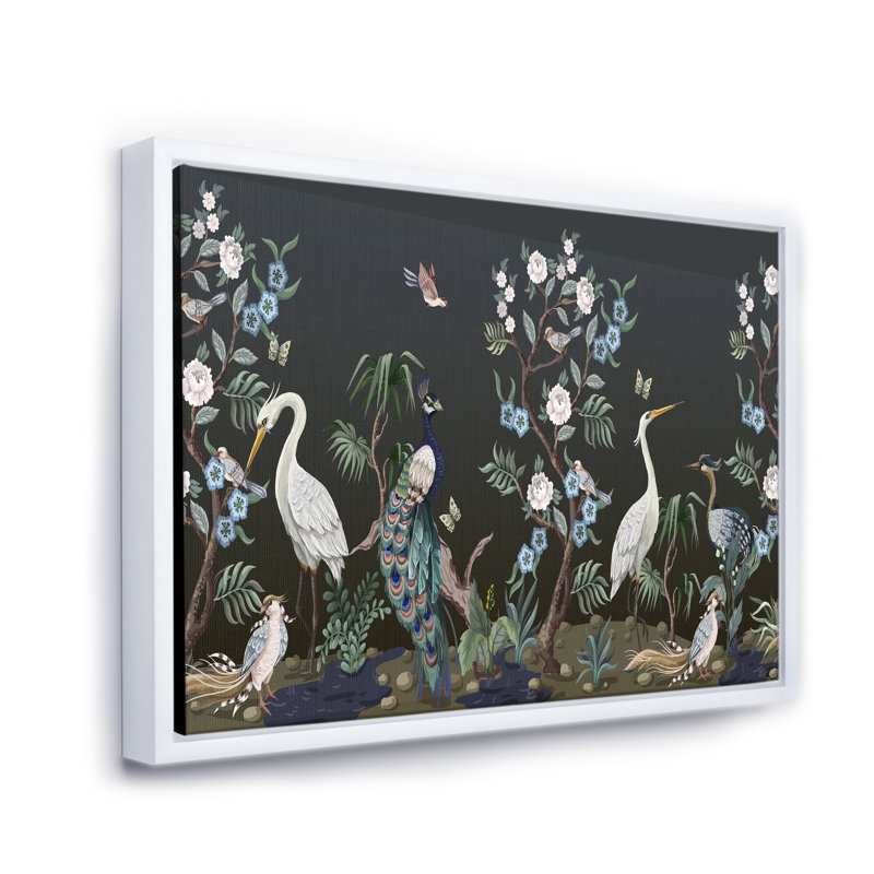 Chinoiserie avec oiseaux et pivoines IV - peinture sur toile, H 30 po x l 40 po x 1,5 po, Cadre flottant blanc