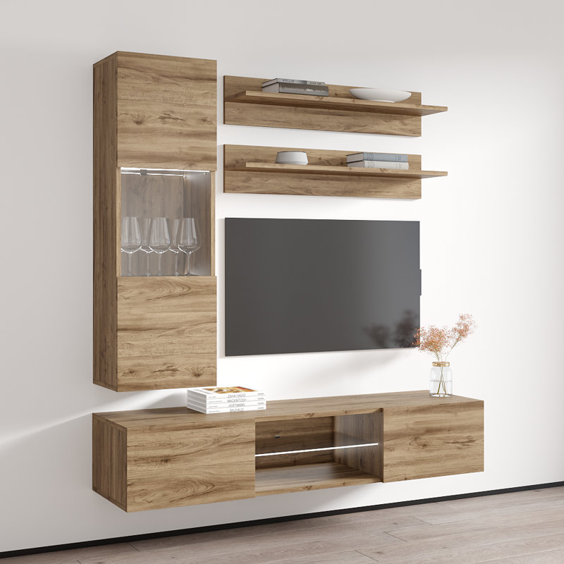 Levasseur 63" Modern Floating Wall Mounted Entertainment Center with 16-Color LED Lighting, High Gloss Finish, Oak