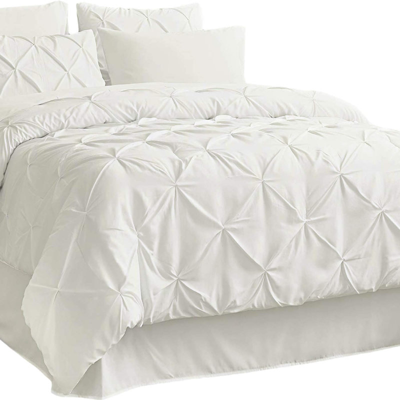 Bedsure Twin-XL Pintuck Bed-in-a-Bag- Ivory Pinch Pleat Comforter with Sheets, Pillowcases & Shams, Ivory