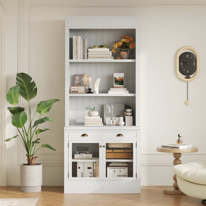 83.4" Tall Bookshelf, Modern Bookcase With 2 Glass Doors And 1 Drawer, Storage Bookcase With Open Shelves, White