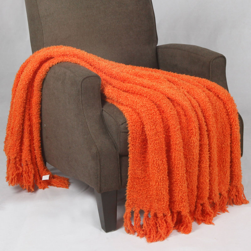 Burnt Orange Knitted Polyester Throw Blanket with Tassels