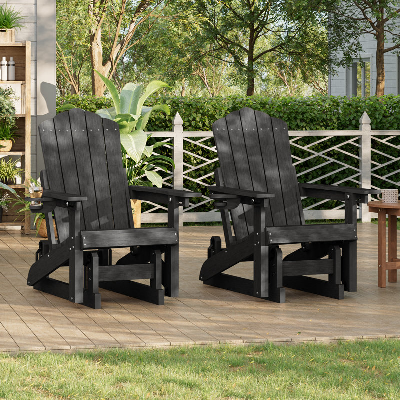 HDPE Glider Adirondack Chair 3-Position Adjustable, All-Weather Glider Rocking Outdoor Chair for Garden, Lawn & Porch, Black