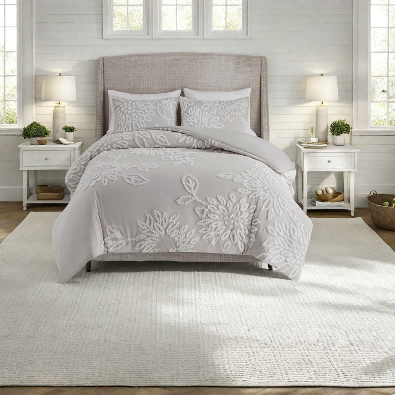 Ensemble de literie en coton de style campagnard capitonné en chenille gris, décor de chambre confortable
