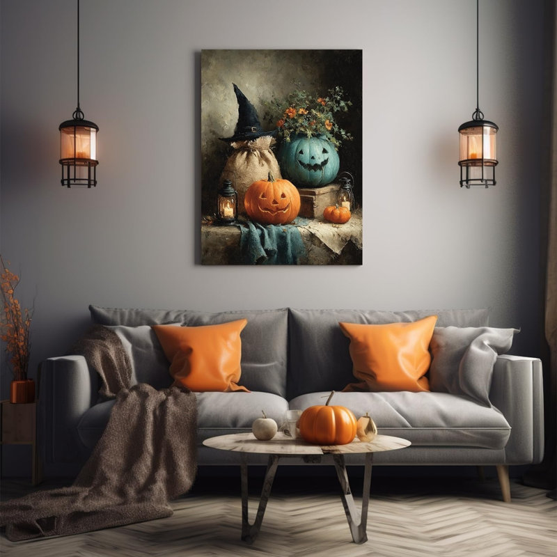 Art mural en toile 24 "x 36", "Sourire orange et bleu" avec sorcière