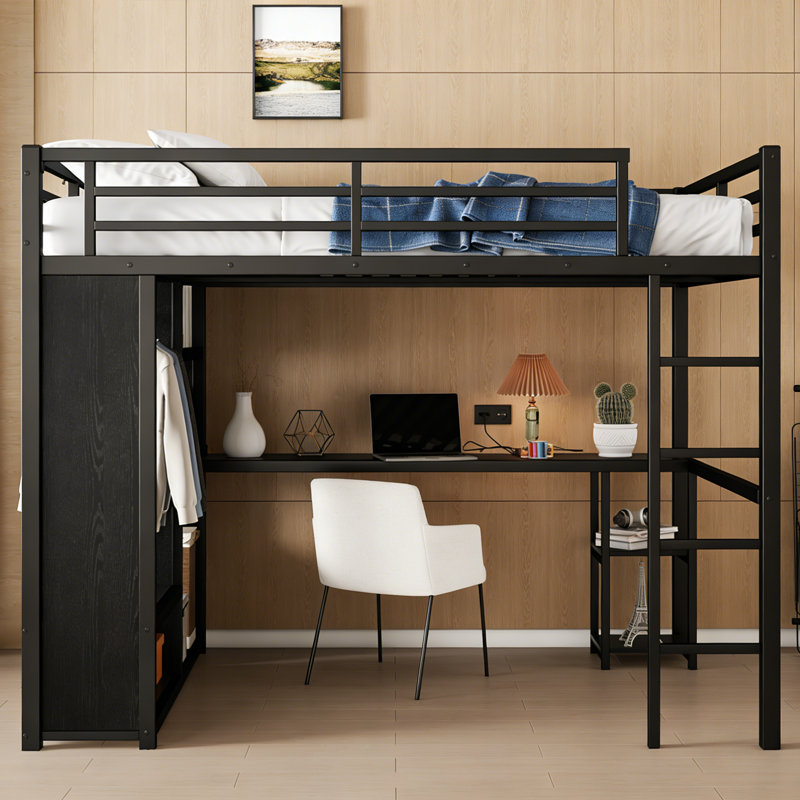 Full Size Metal Loft Bed Frame With Built-In Wardrobe, Desk & Storage Shelves, No Box Spring Needed, Black, Space-Saving For Bedrooms & Dorms