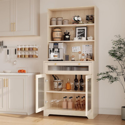 Armoire de cuisine autoportante de 62 pouces avec grand comptoir, portes en verre, tiroir et tablettes réglables - rangement pour micro-ondes pour la salle à manger, le salon ou les petits espaces