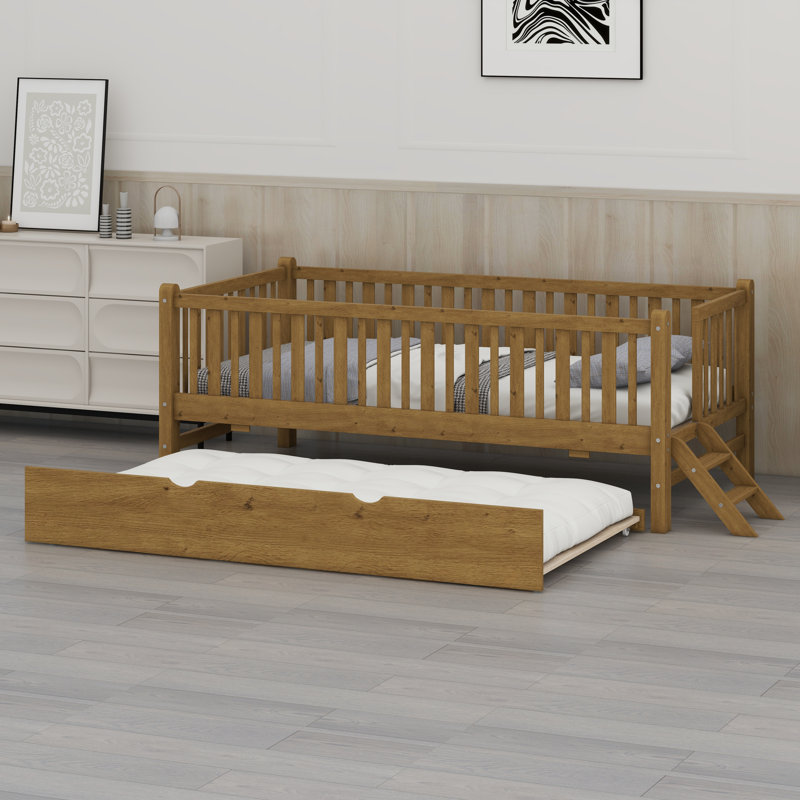 Platform Bed With Guardrail And Trundle, Walnut