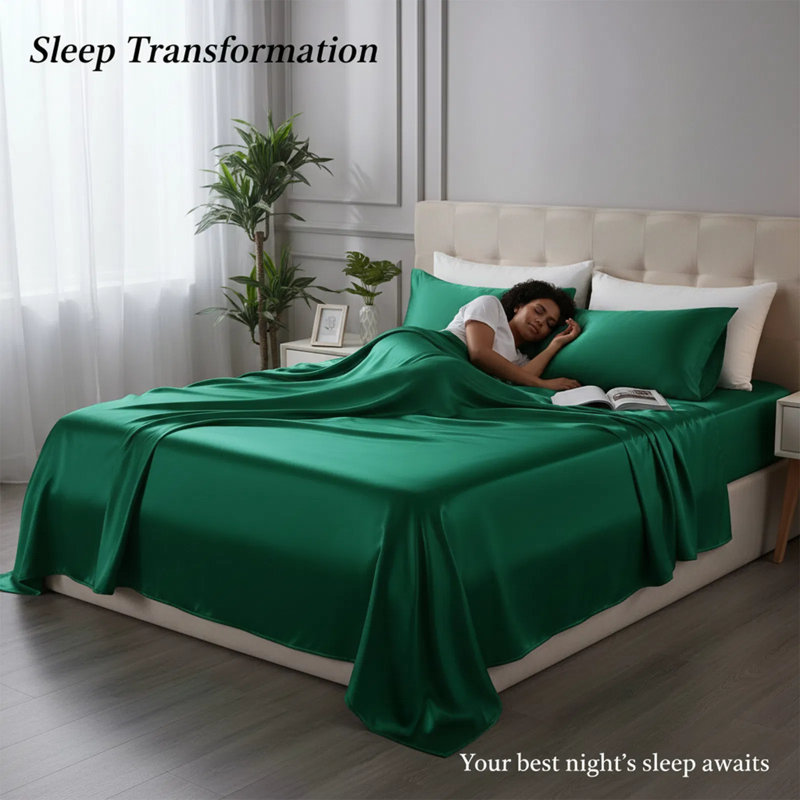 Ensemble de draps en satin 4 pièces - doux 85 g et soyeux - couleur unie lavable à la machine, Vert