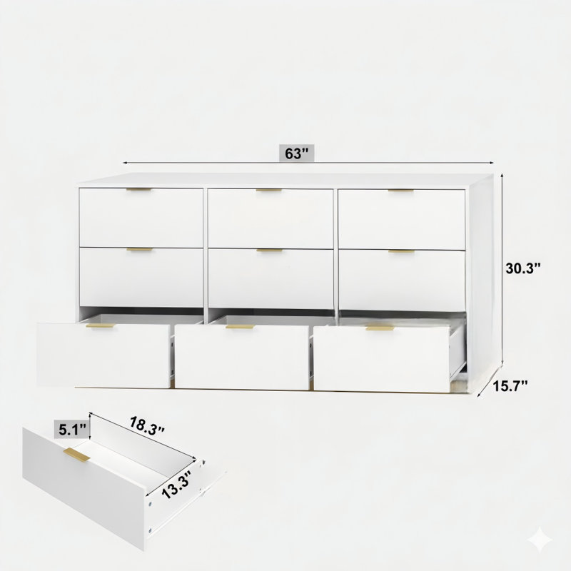 Commode blanche à neuf tiroirs, commode large et profonde de 63 pouces, armoire de rangement en bois avec neuf compartiments pour la chambre à coucher, commode longue pour le salon, couloir.