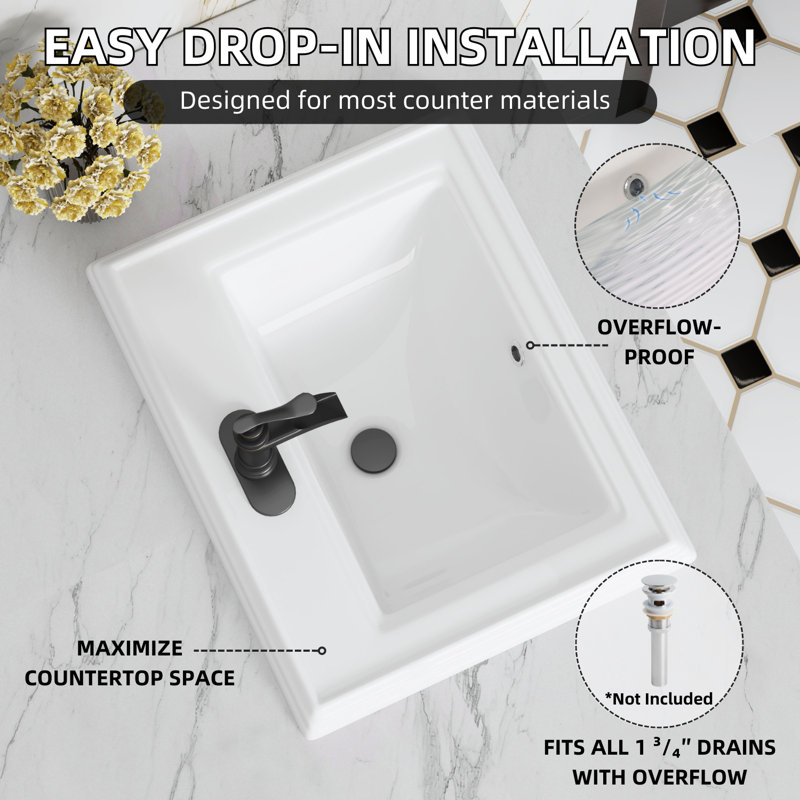 Lavabo de salle de bain encastré rectangulaire en céramique avec trou pour robinet et trop-plein Los Flexi, Simple