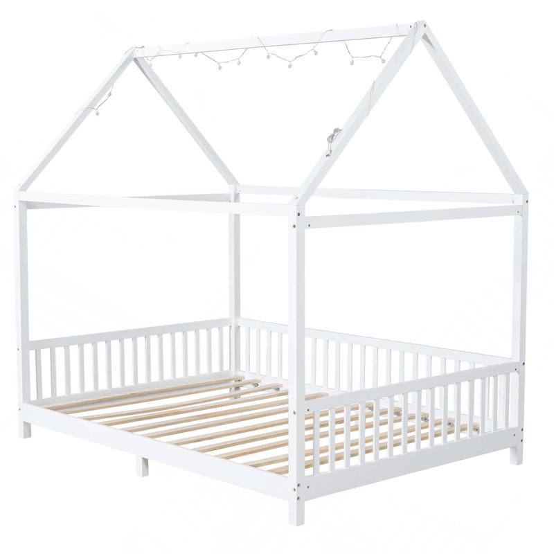 Lit en bois avec garde-corps et DEL pour enfants Structure en bois de pin robuste